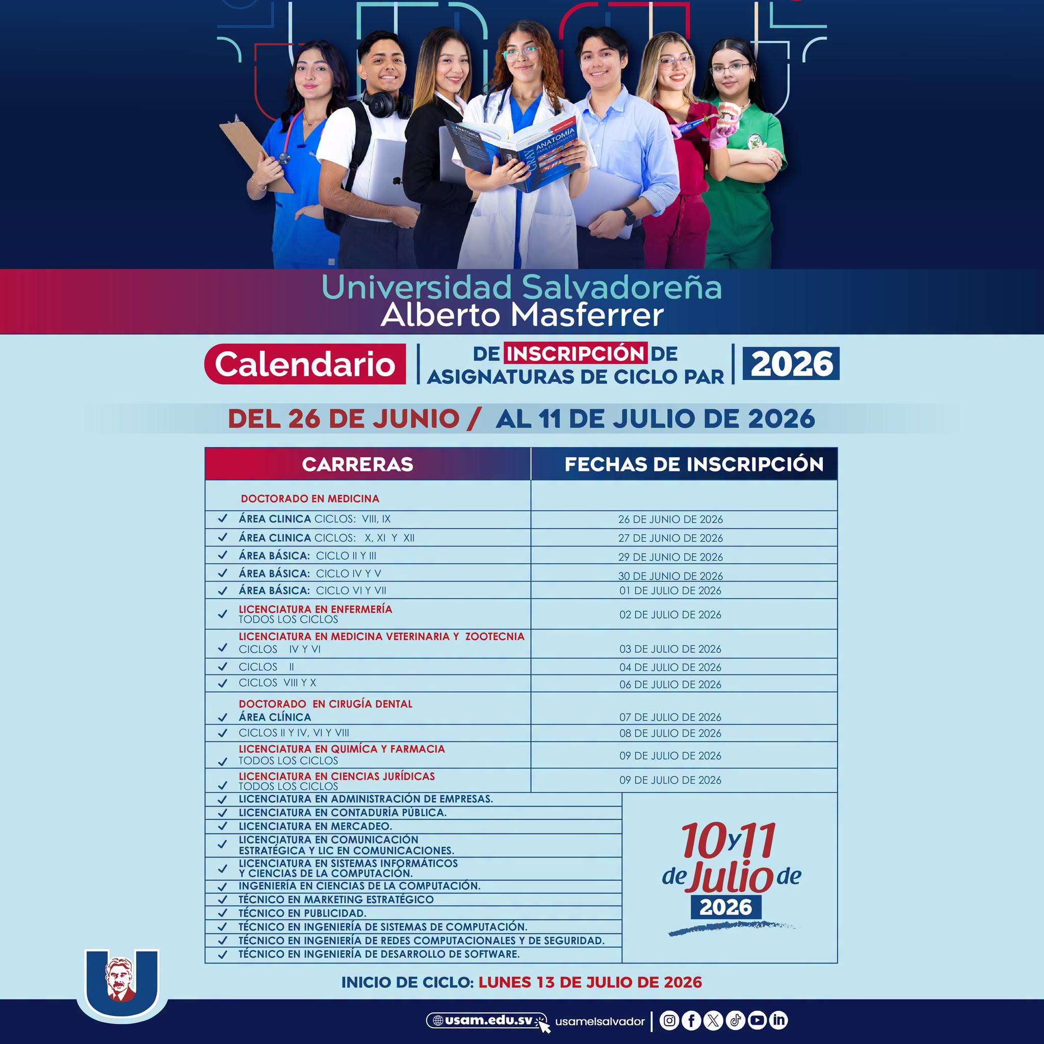 Calendario de proceso de inscripción ciclo II 2026